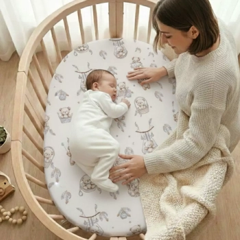 Niemowlę śpiące w owalnym łóżeczku na prześcieradle Misie Boho Beż z mamą